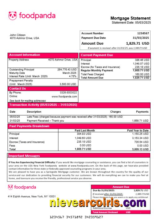 USA New York Foodpanda mortgage statement